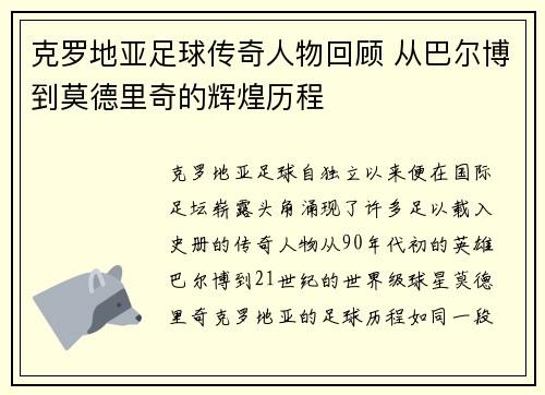 克罗地亚足球传奇人物回顾 从巴尔博到莫德里奇的辉煌历程